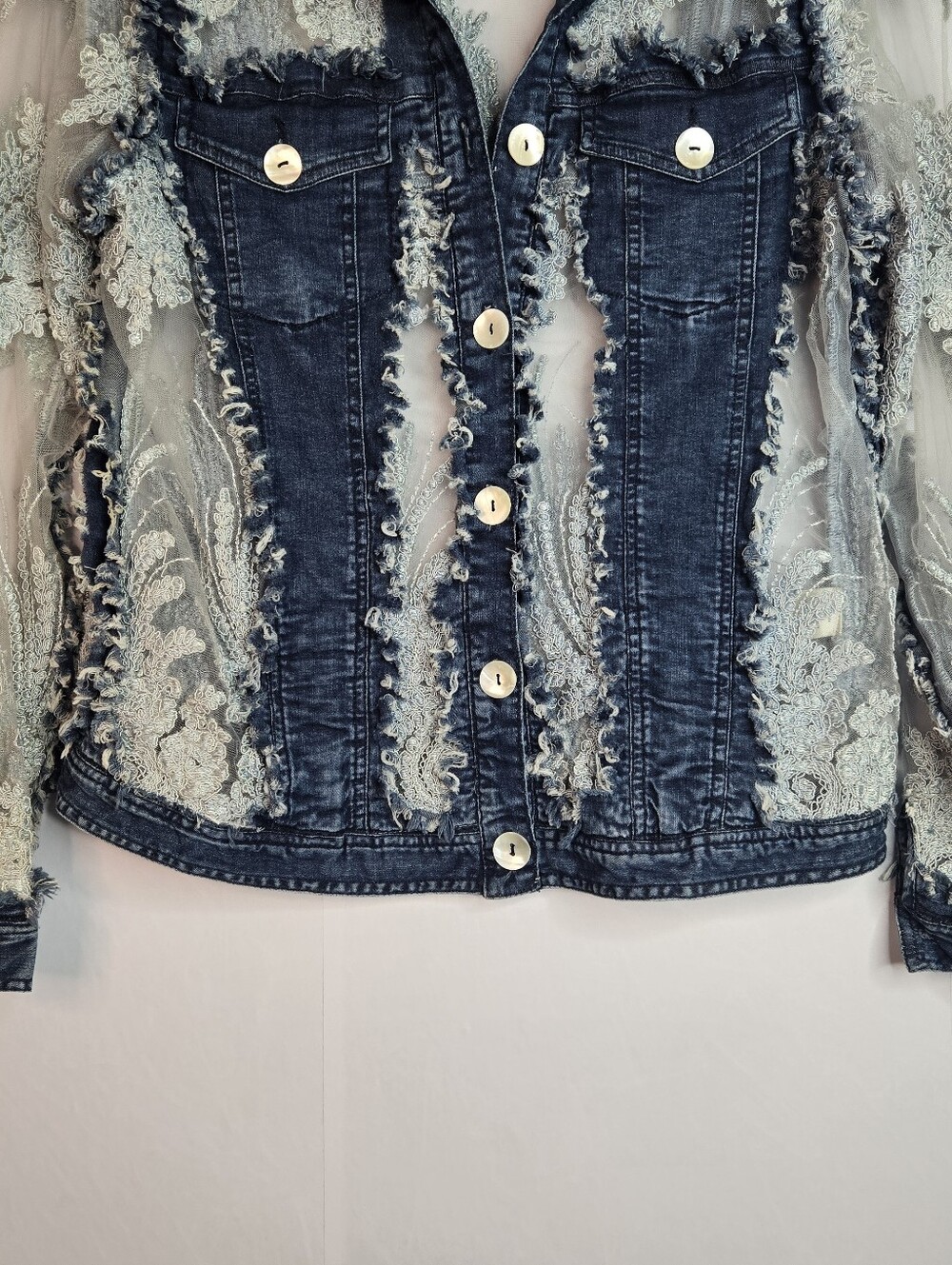 John Mark Women Size S Denim & Lace Cutout Button front Jacket, Patch Pockets - Picture 5 of 13